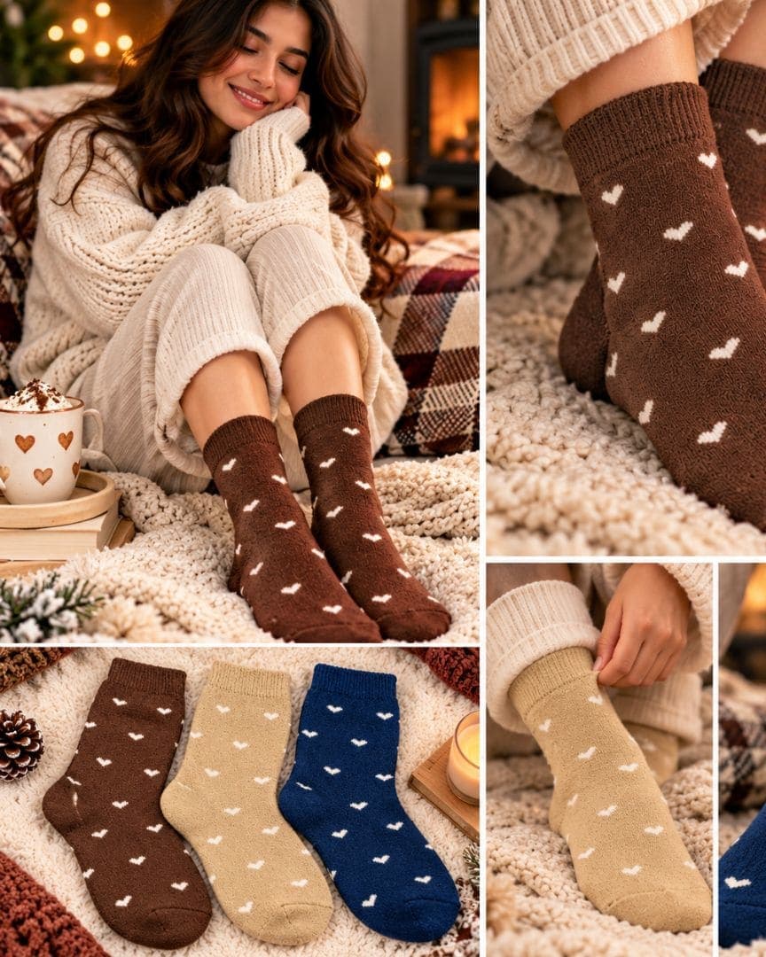 Woollen Crew Socks for Women | Warm, Soft & Cozy Winter Socks | Cute Heart Print | Pack of 3 Pairs hover