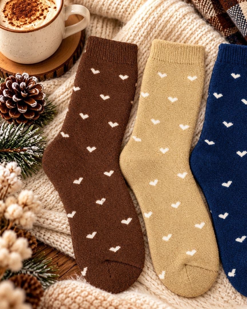 Woollen Crew Socks for Women | Warm, Soft & Cozy Winter Socks | Cute Heart Print | Pack of 3 Pairs