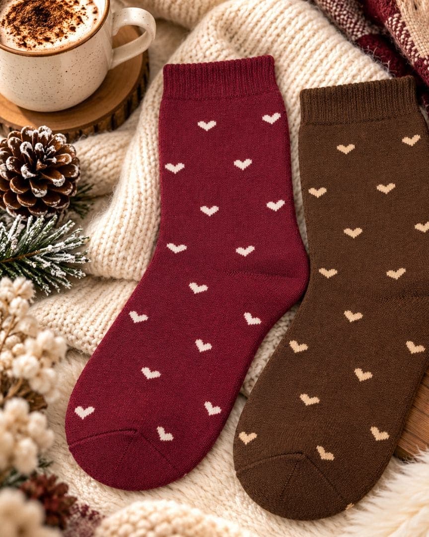 Woollen Crew Socks for Women | Warm, Soft & Cozy Winter Socks | Cute Heart Print | Pack of 2 Pairs