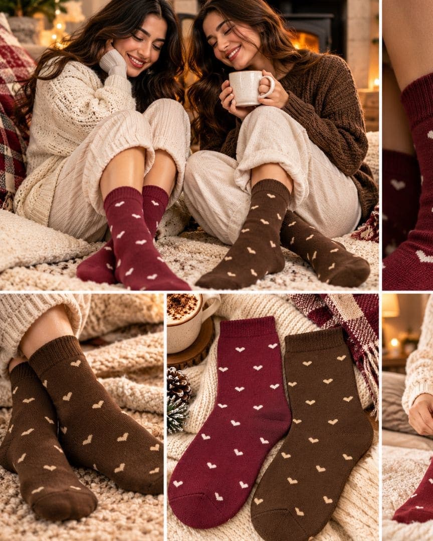 Woollen Crew Socks for Women | Warm, Soft & Cozy Winter Socks | Cute Heart Print | Pack of 2 Pairs hover