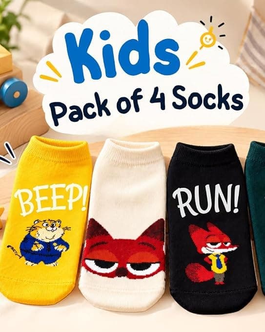 Kids Ankle Socks Pack of 4, Soft Comfortable Cartoon Design Socks for Boys & Girls, Everyday Wear