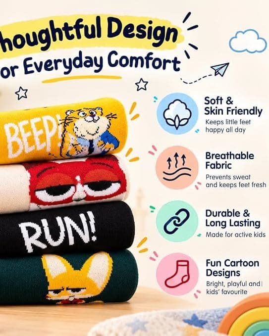 Kids Ankle Socks Pack of 4, Soft Comfortable Cartoon Design Socks for Boys & Girls, Everyday Wear hover