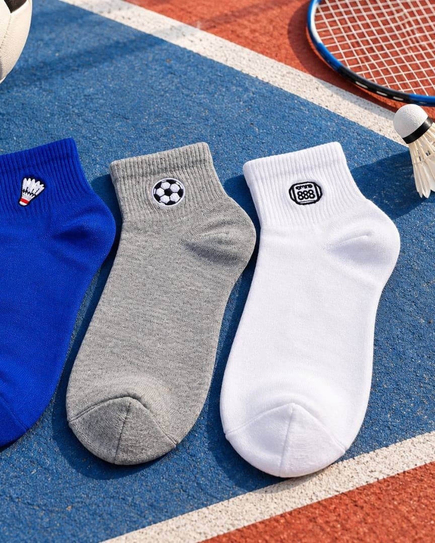 Unisex Cotton Ankle Sports Socks Pack of 3, Embroidered Sports Design Socks for Unisex