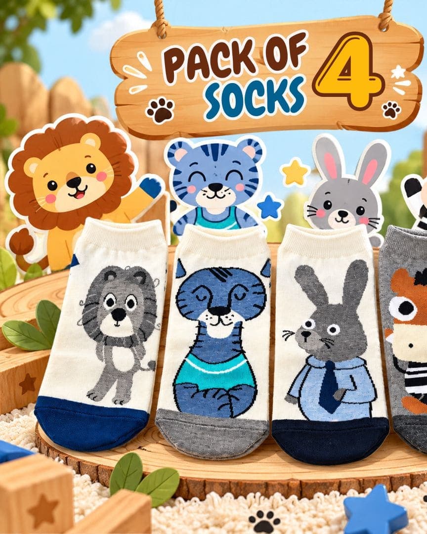 Kids Cotton Ankle Socks Pack of 4 Pairs, Unisex Cartoon Socks for Boys & Girls