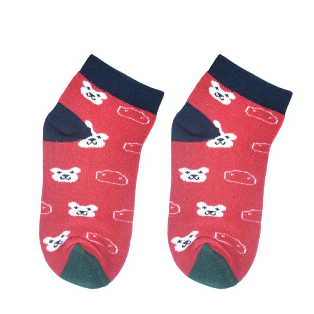 Kids Cute Bear Pattern Ankle Socks – Red | Soft Cotton Comfort