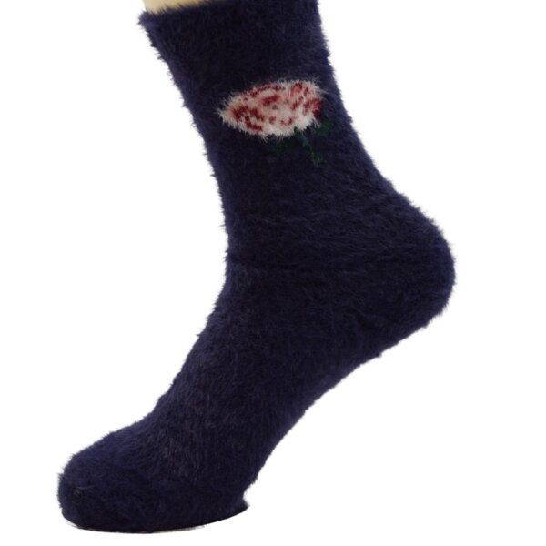 Women’s Fuzzy Winter Socks – Navy Blue with Floral Design - Image 2