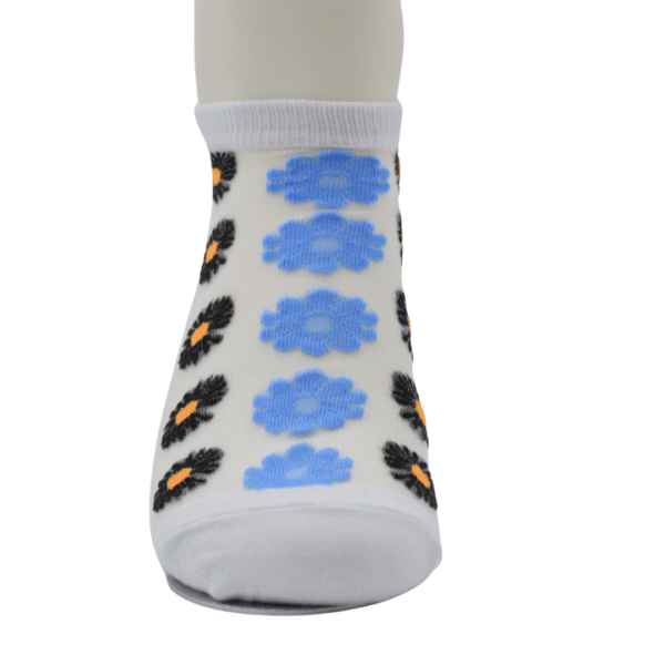 White Sheer Ankle Socks with Black & Blue Floral Pattern - Image 2