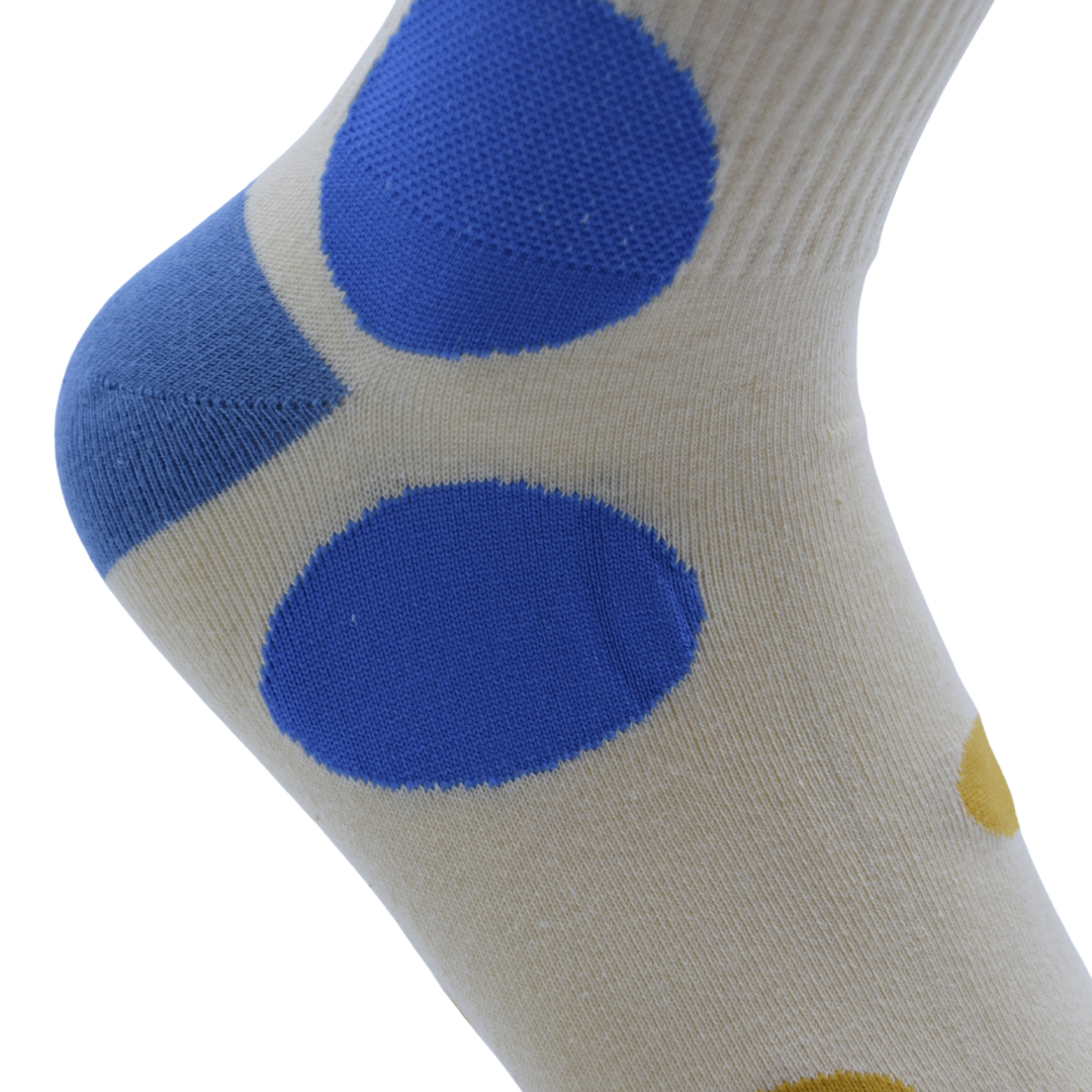 Retro Polka Dot Crew Socks – Beige with Blue & Yellow Dots - Image 4