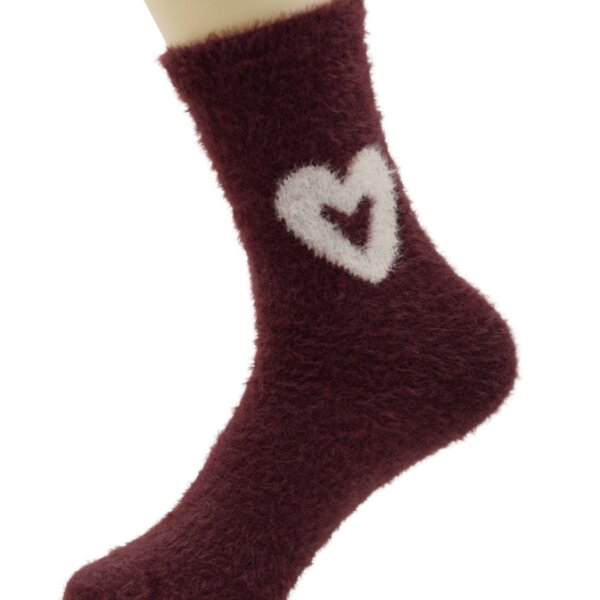 Women’s Fuzzy Winter Socks – Maroon with Heart Design - Image 2