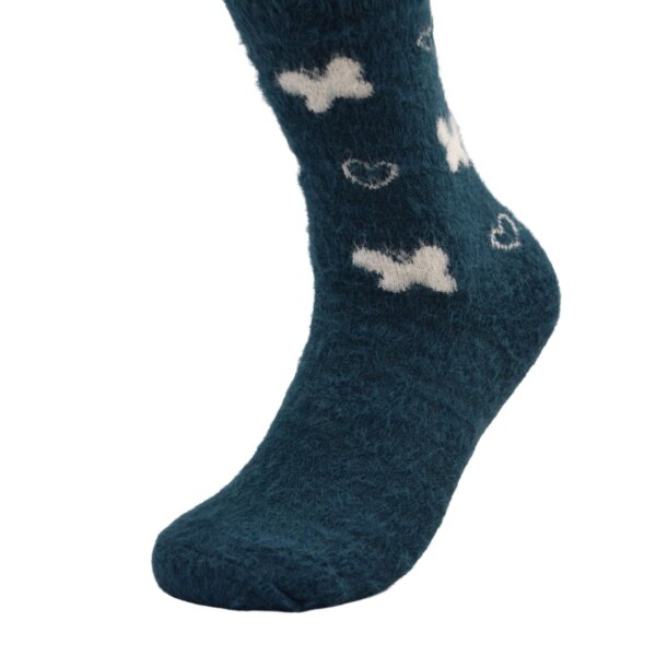 Women’s Cozy Fuzzy Socks – Teal with Bow & Heart Design - Image 2
