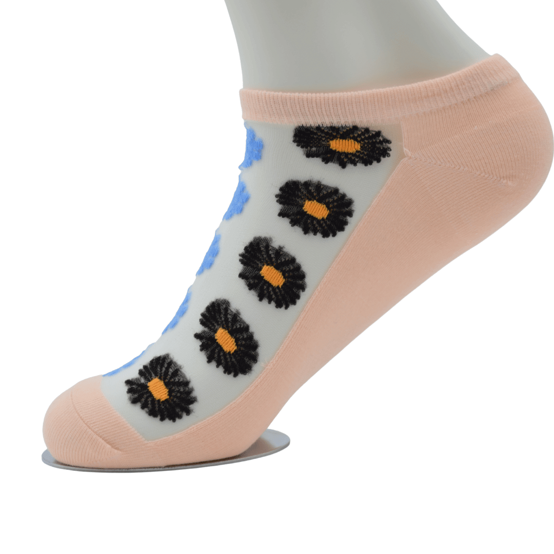 Peach Sheer Ankle Socks with Black & Blue Floral Pattern - Image 4