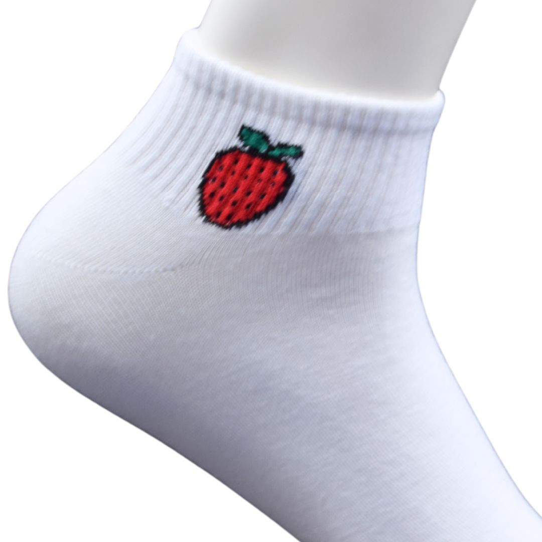 White Ankle Socks with Strawberry Embroidery – Fun & Stylish - Image 4