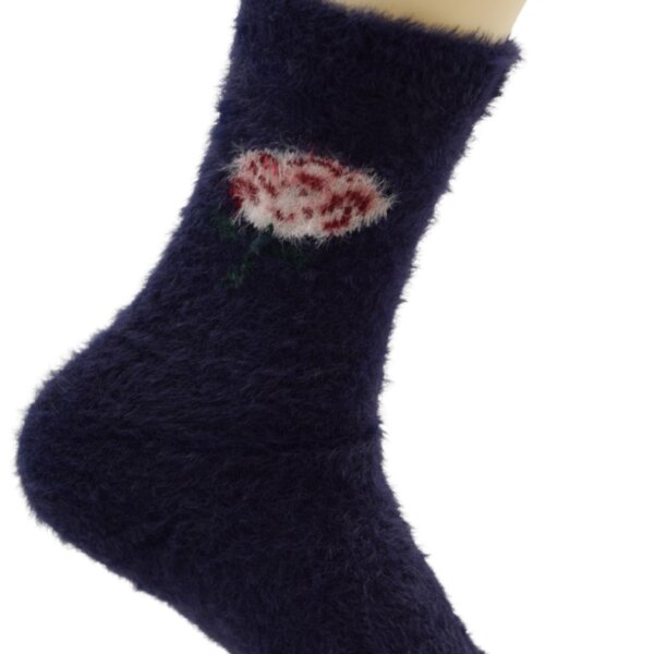 Women’s Fuzzy Winter Socks – Navy Blue with Floral Design - Image 4