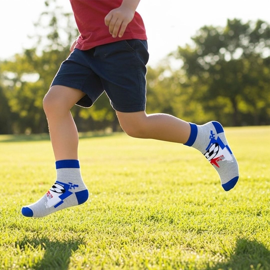 Kids Sports-Themed Ankle Socks – Grey & Blue | Soft Cotton Comfort