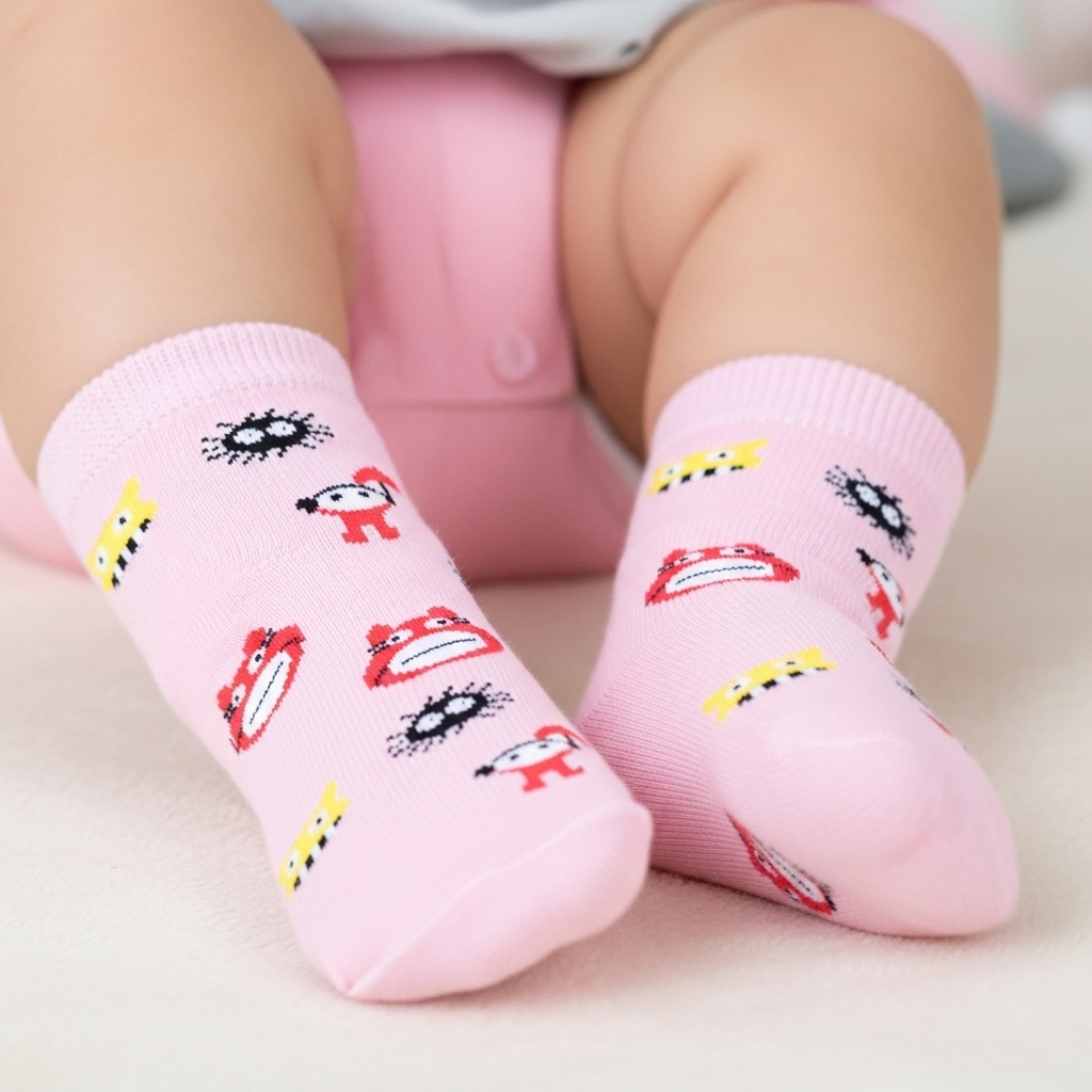 Kids Cartoon Character Ankle Socks – Pink | Soft Cotton Fun Wear