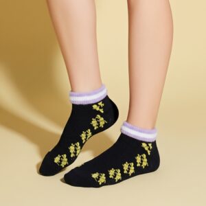 Women’s Black Ankle Socks with Yellow Floral Design & Soft Cuff
