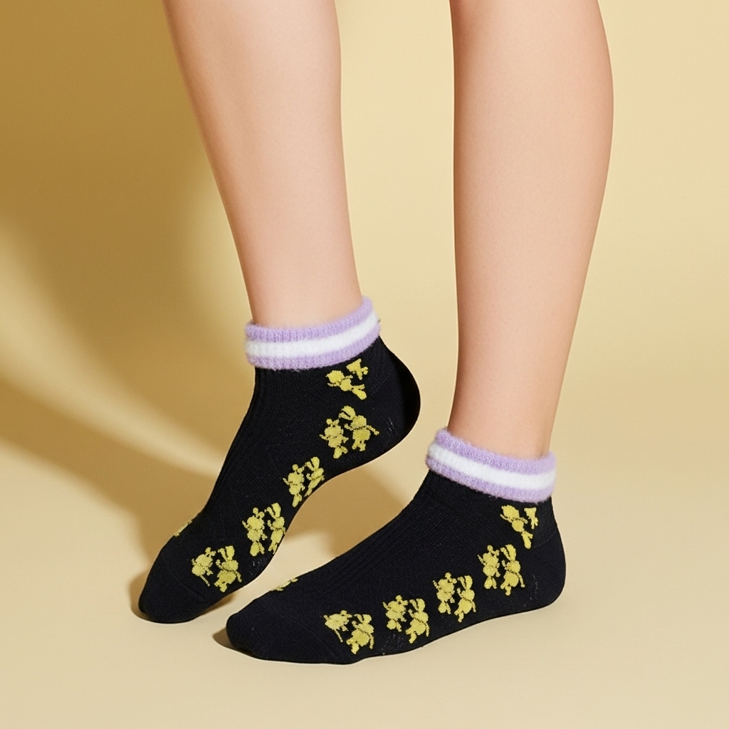 Women’s Black Ankle Socks with Yellow Floral Design & Soft Cuff