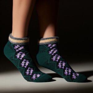 Women’s Floral Ankle Socks – Dark Green with Cozy Cuff