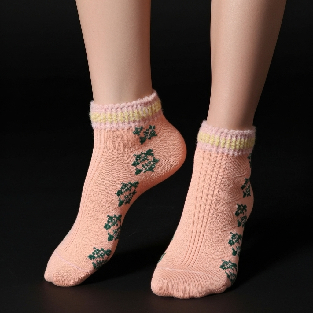 Women’s Cozy Ankle Socks – Peach Floral Design