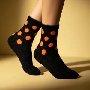 Women’s Cozy Fuzzy Socks – Black with Orange Polka Dots