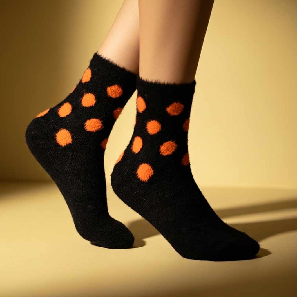 Women’s Cozy Fuzzy Socks – Black with Orange Polka Dots