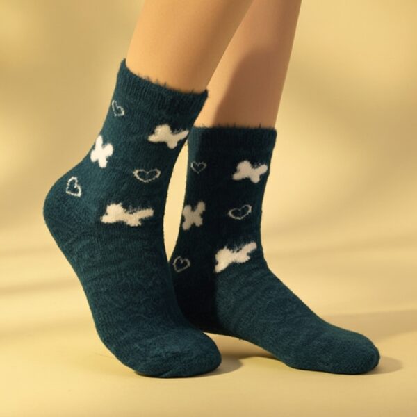 Women’s Cozy Fuzzy Socks – Teal with Bow & Heart Design