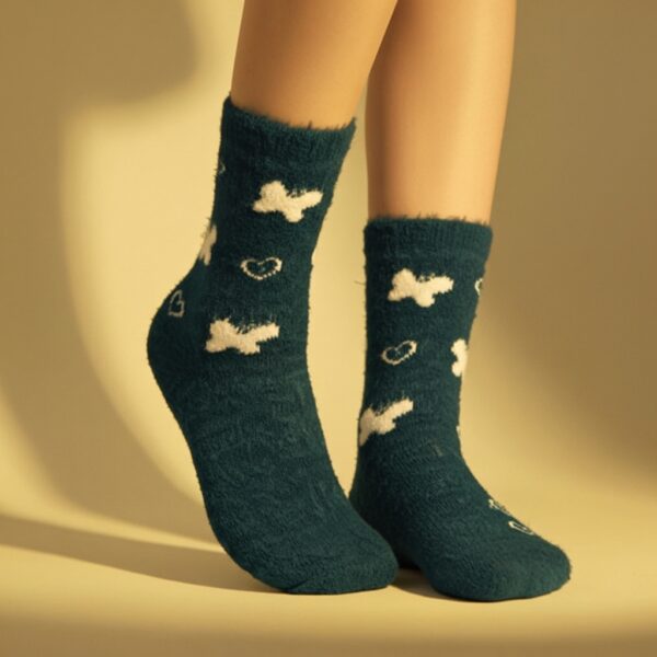 Women’s Cozy Fuzzy Socks – Teal with Bow & Heart Design - Image 3