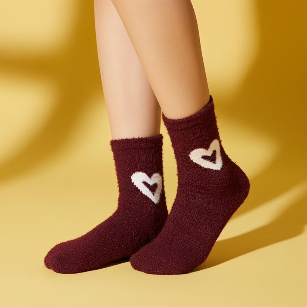 Women’s Fuzzy Winter Socks – Maroon with Heart Design