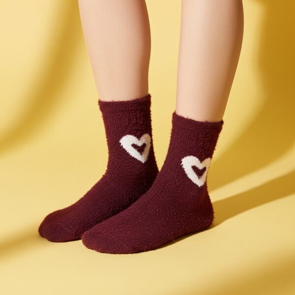 Women’s Fuzzy Winter Socks – Maroon with Heart Design - Image 3