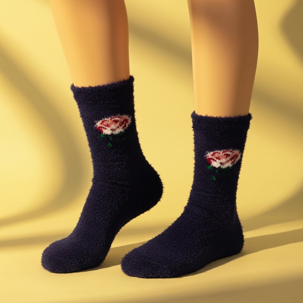 Women’s Fuzzy Winter Socks – Navy Blue with Floral Design