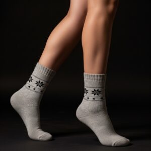 Women’s Woolen Winter Socks – Light Grey with Black Snowflake Pattern