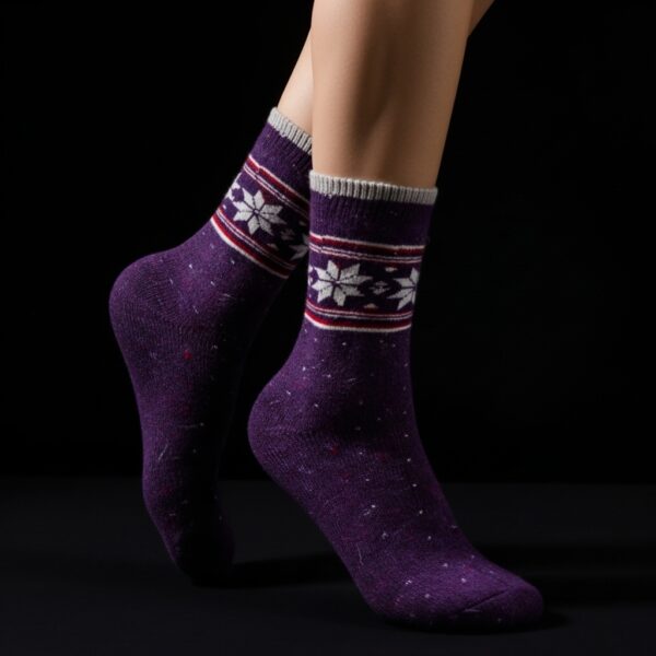 Women’s Woolen Winter Socks – Purple Snowflake Design, Warm & Cozy - Image 3