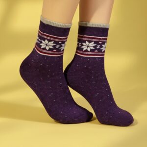 Women’s Woolen Winter Socks – Purple Snowflake Design, Warm & Cozy
