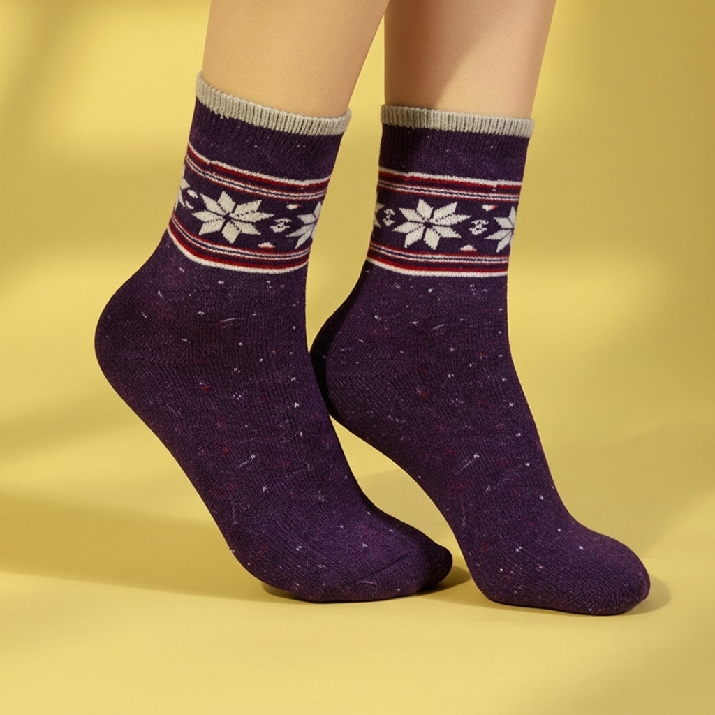 Women’s Woolen Winter Socks – Purple Snowflake Design, Warm & Cozy