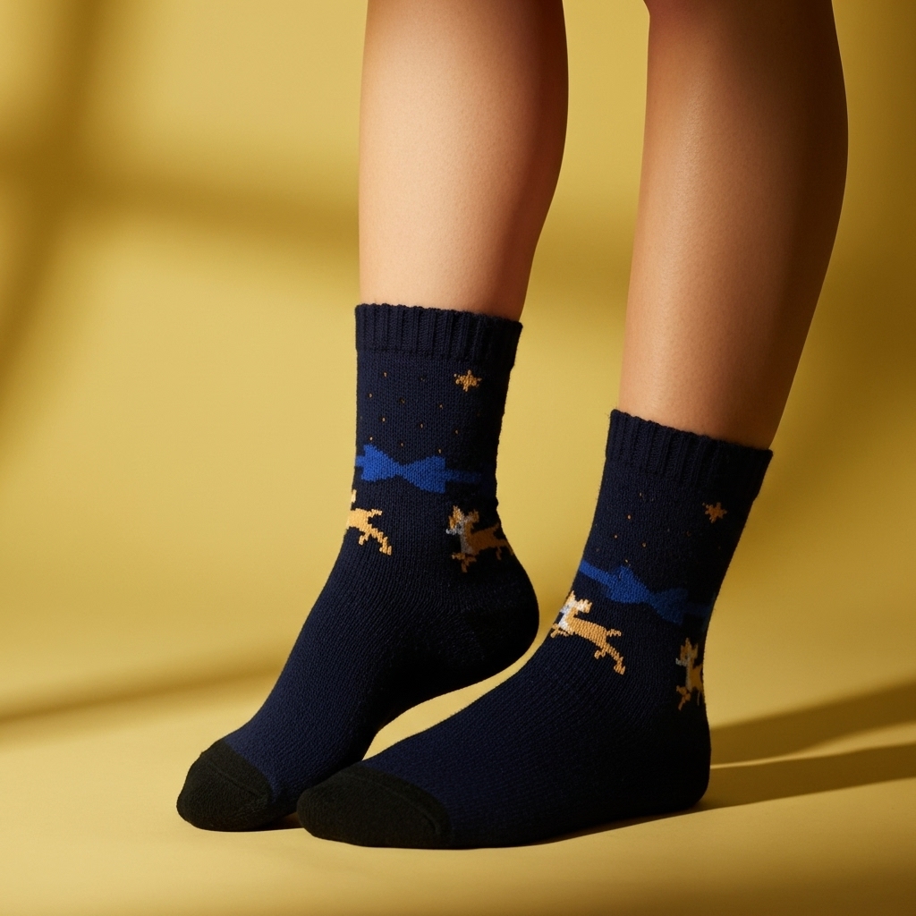 Cozy Winter Reindeer Socks – Navy Blue Crew Length