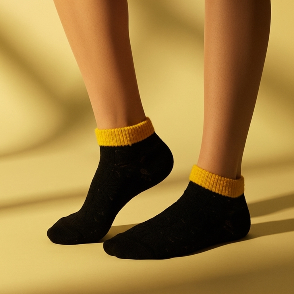 Cozy Floral Ankle Socks with Fuzzy Yellow Cuff – Black & Mustard