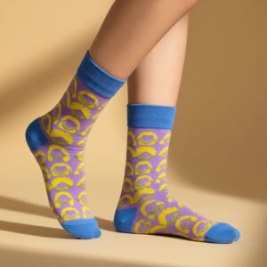 Pastel Pattern Crew Socks – Lavender & Yellow with Blue Accents