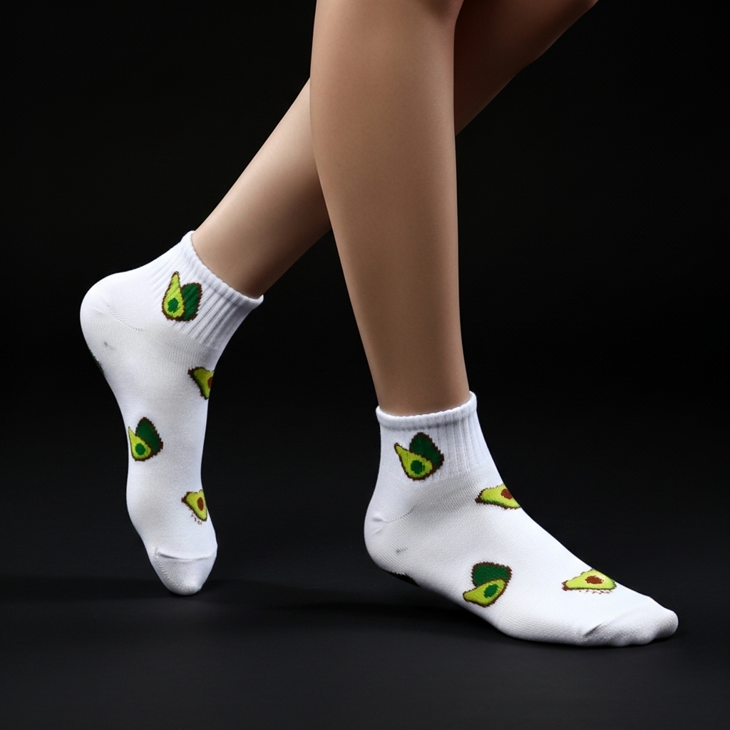 White Ankle Socks with Avocado Pattern – Fun & Comfy Style