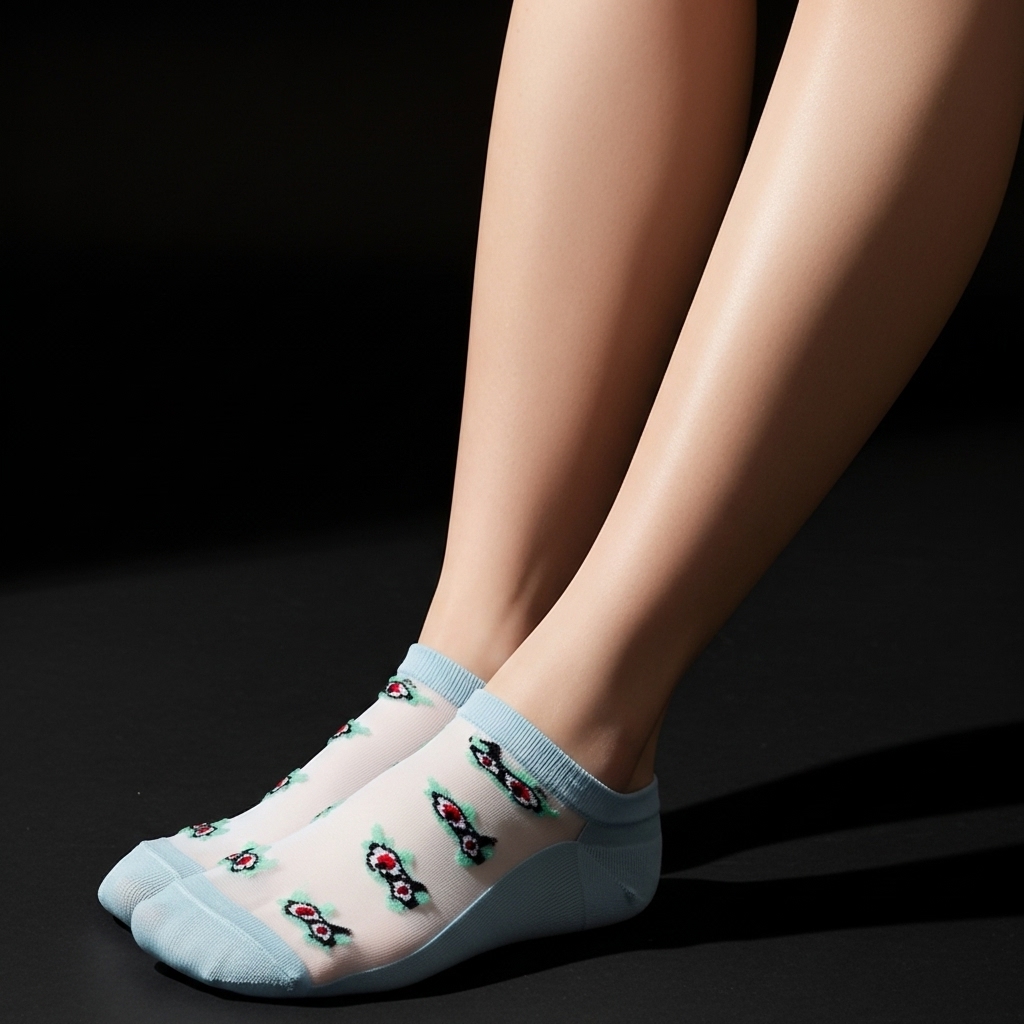 Mint Green Sheer Ankle Socks with Floral Embroidery - Image 3