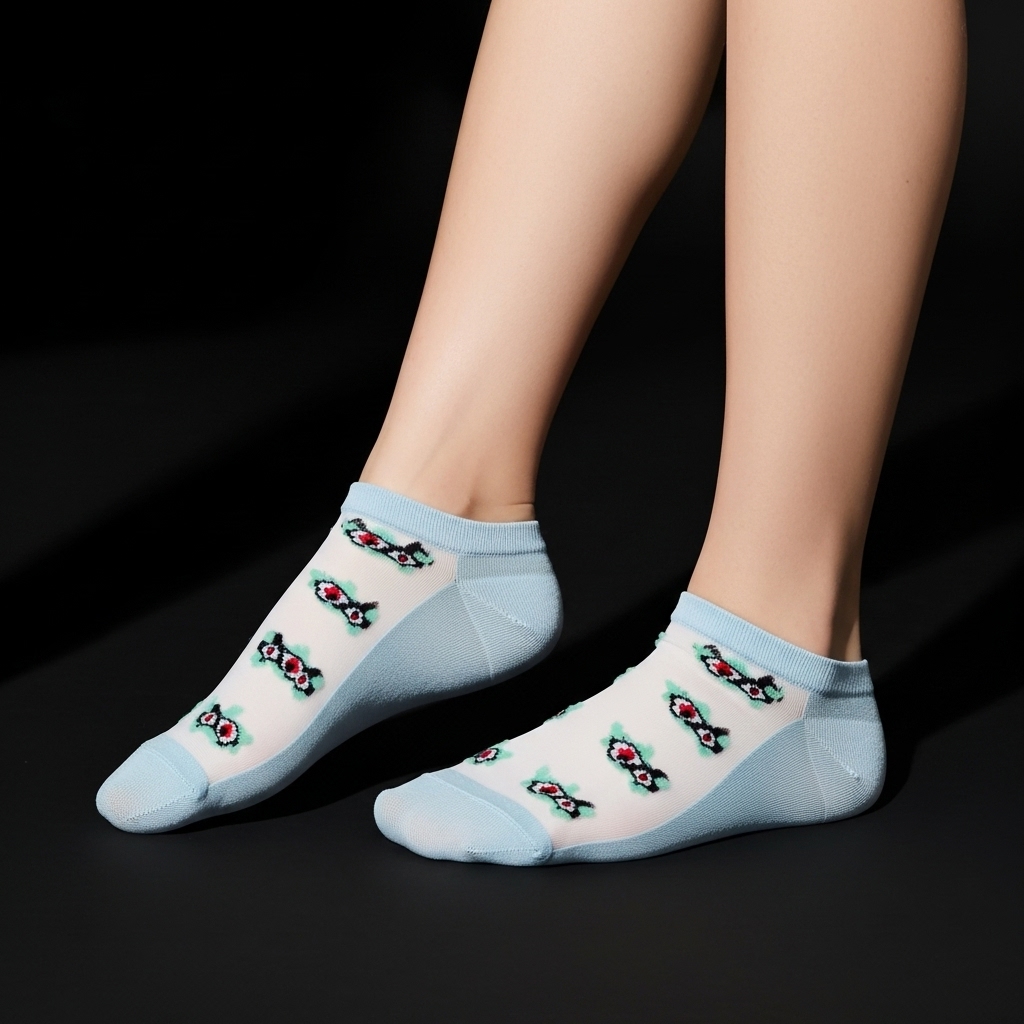 Mint Green Sheer Ankle Socks with Floral Embroidery