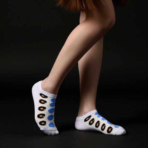 White Sheer Ankle Socks with Black & Blue Floral Pattern
