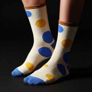 Retro Polka Dot Crew Socks – Beige with Blue & Yellow Dots