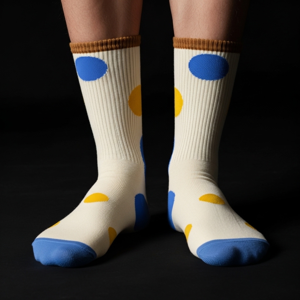 Retro Polka Dot Crew Socks – Beige with Blue & Yellow Dots - Image 5