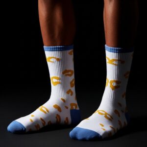 Unisex Crew Socks – White with Yellow Spots & Blue Accents