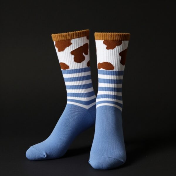 Unisex Crew Socks – Blue with Brown Spots & Striped Pattern - Image 4