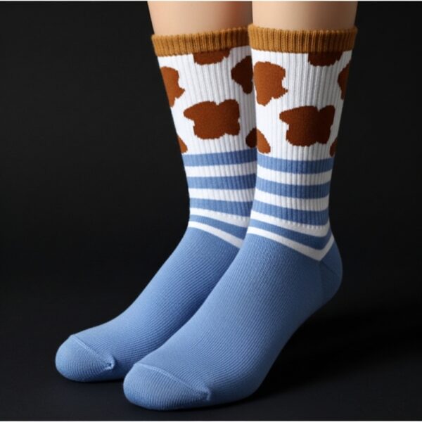 Unisex Crew Socks – Blue with Brown Spots & Striped Pattern - Image 2