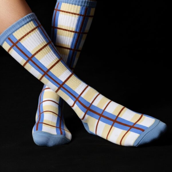 Unisex Crew Socks – Blue, Beige & Brown Checkered Design - Image 3