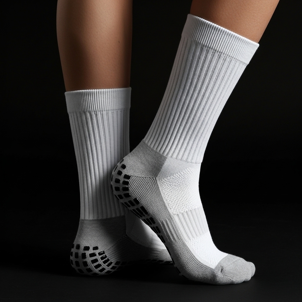Unisex Anti-Slip Grip Socks – White Sports Crew Socks with Black Traction Pads