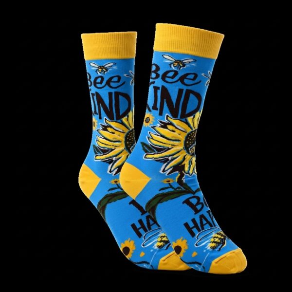 Bee Kind & Happy Socks – Sunflower & Bee Pattern, Colorful Crew Socks - Image 3