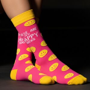 Happy Face Crew Socks – Pink & Yellow Smiley Design with Quote, Unisex